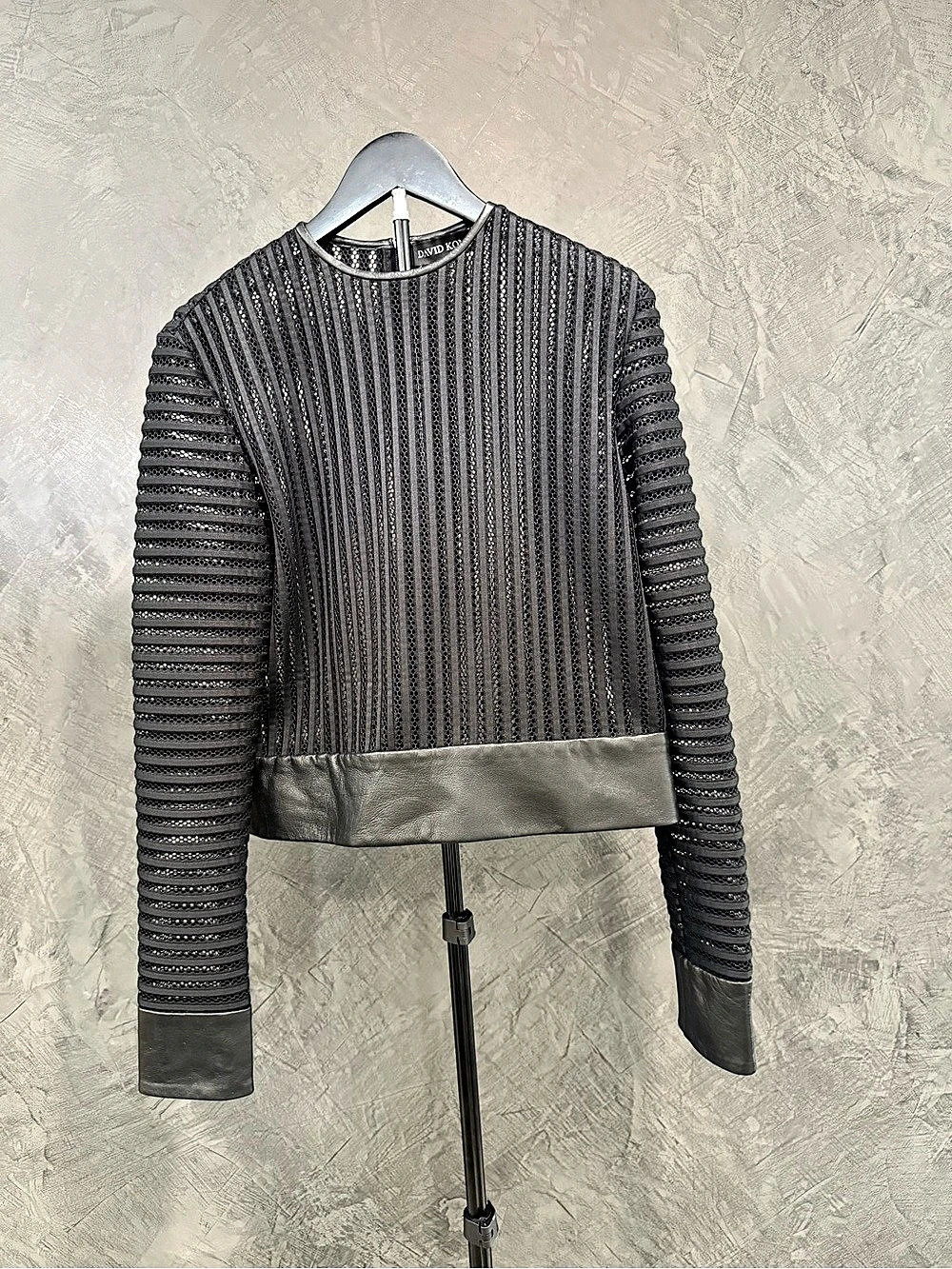 David Koma Structured Mesh Top with Leather Trim Black Uk10/US6
